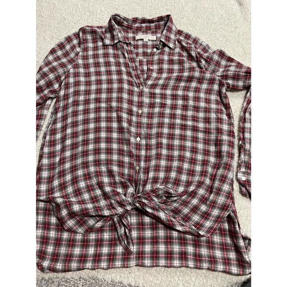 Loft Women's Size Medium Plaid Tie Front Button Down Long Sleeve Shirt Top Red - Picture 1 of 8